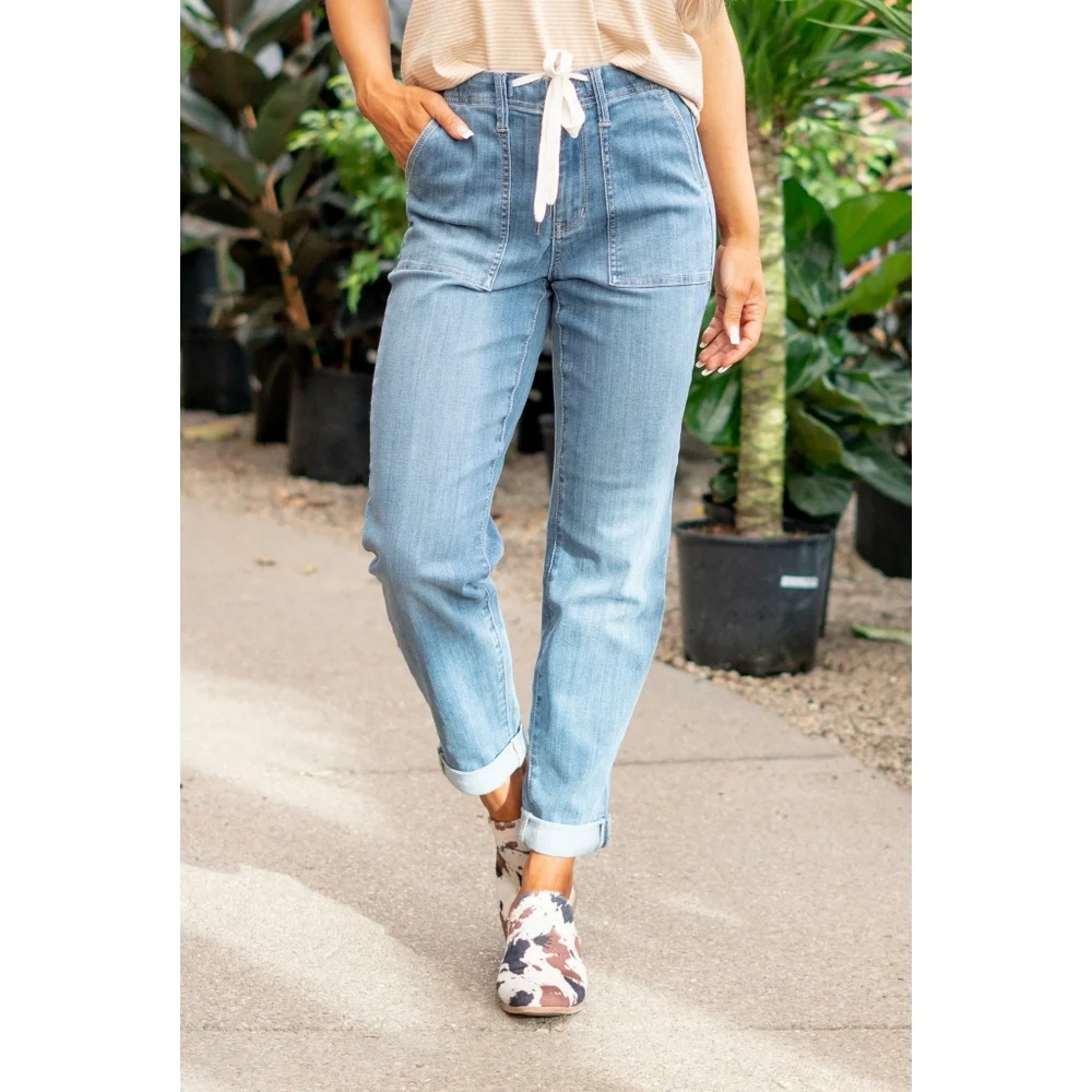 JUDY BLUE High Waist Drawstring Denim Jeans Joggers Medium Blue Size 13/31 - Picture 1 of 7